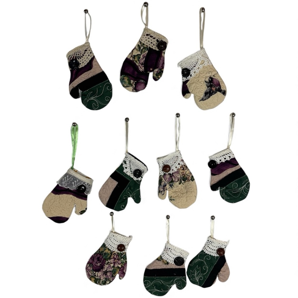 Handmade Upcycled Quilt Mitten Ornaments • Vintage Lace & Buttons • Set of 10‎